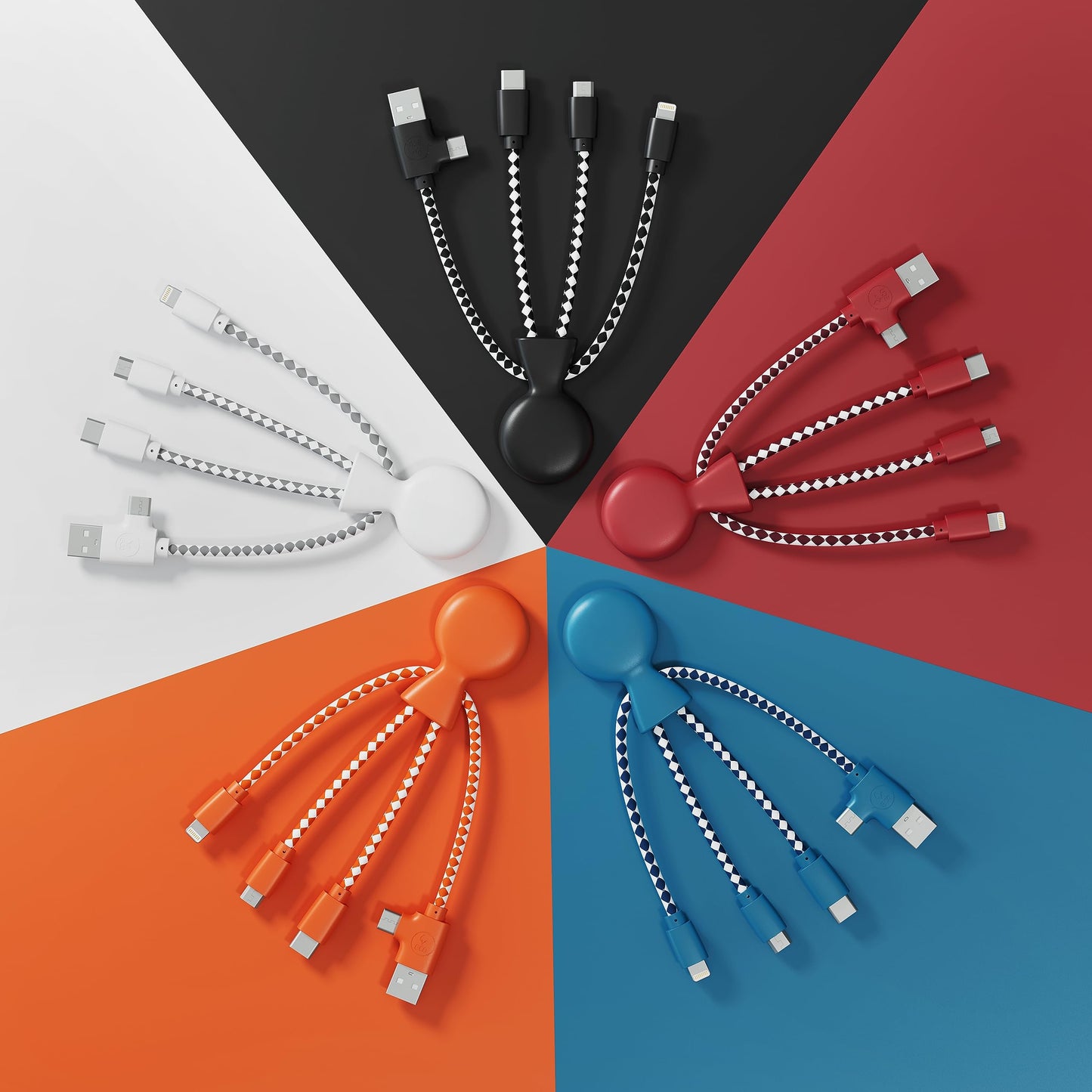 Xoopar Multi USB Cable 4 in 1 - Universal Charger Made from Recycled Plastic - USB, USB-C, Lighting, Micro USB Ports - Compatible with All Smartphones Mr Bio White Octopus