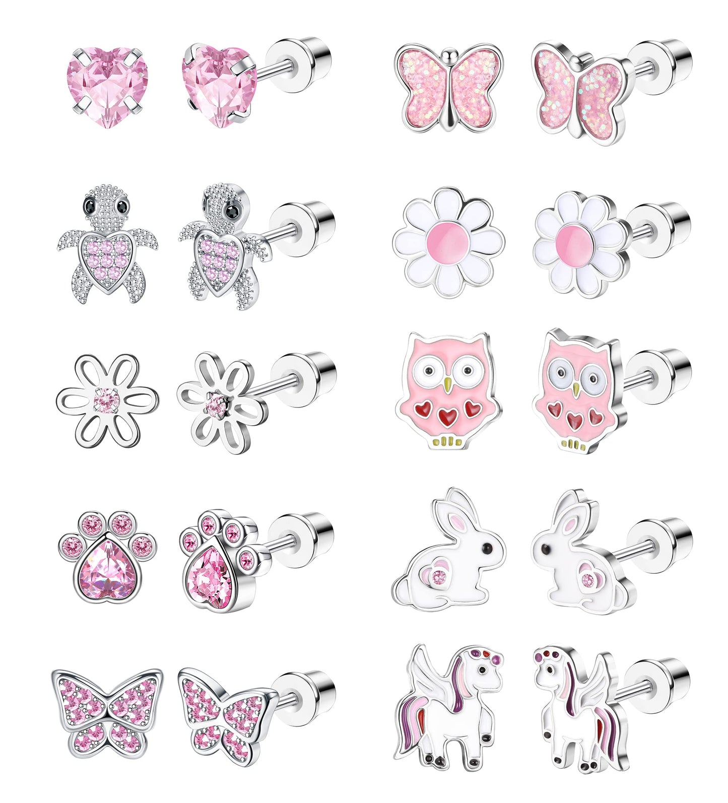 LOLIAS 10 Pairs Cute Screw Back Earrings for Women Girls Stainless Steel Multicolored Heart Flower Butterfly Rainbow CZ Stud Earrings Hypoallergenic Screwback Stud Earring