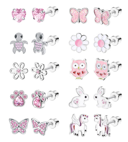 LOLIAS 10 Pairs Cute Screw Back Earrings for Women Girls Stainless Steel Multicolored Heart Flower Butterfly Rainbow CZ Stud Earrings Hypoallergenic Screwback Stud Earring