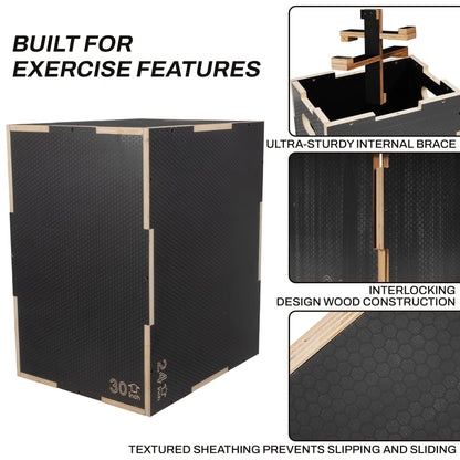 Signature Fitness 3 in 1 Non-Slip Wooden Plyo Box Plyometric Box Jumping Exercise, 20x24x30 Inches, Gray