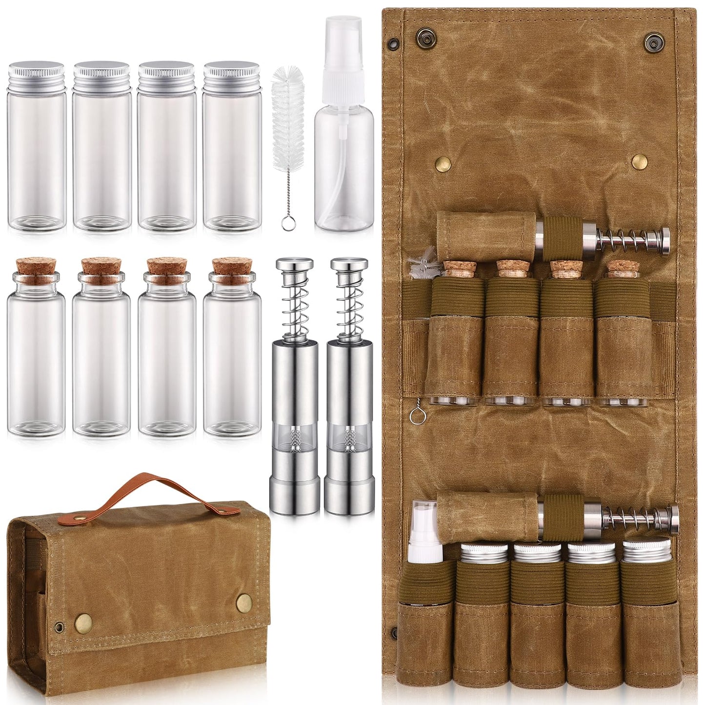 TOBWOLF Camping Spice Kit with 9 Jars, 2 Salt/Pepper Grinders, Portable Spice Bag, Foldable Canvas Seasoning Storage Bag Organizer, Mini Condiment Container Set for Outdoor Camping Picnic BBQ - Khaki