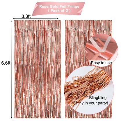Rose Gold Birthday Party Decorations, Happy Birthday Banner, Rose Gold Fringe Curtain, Heart Star Foil Confetti Balloons, Hanging Swirls for Women Girls Birthdays Princess Party
