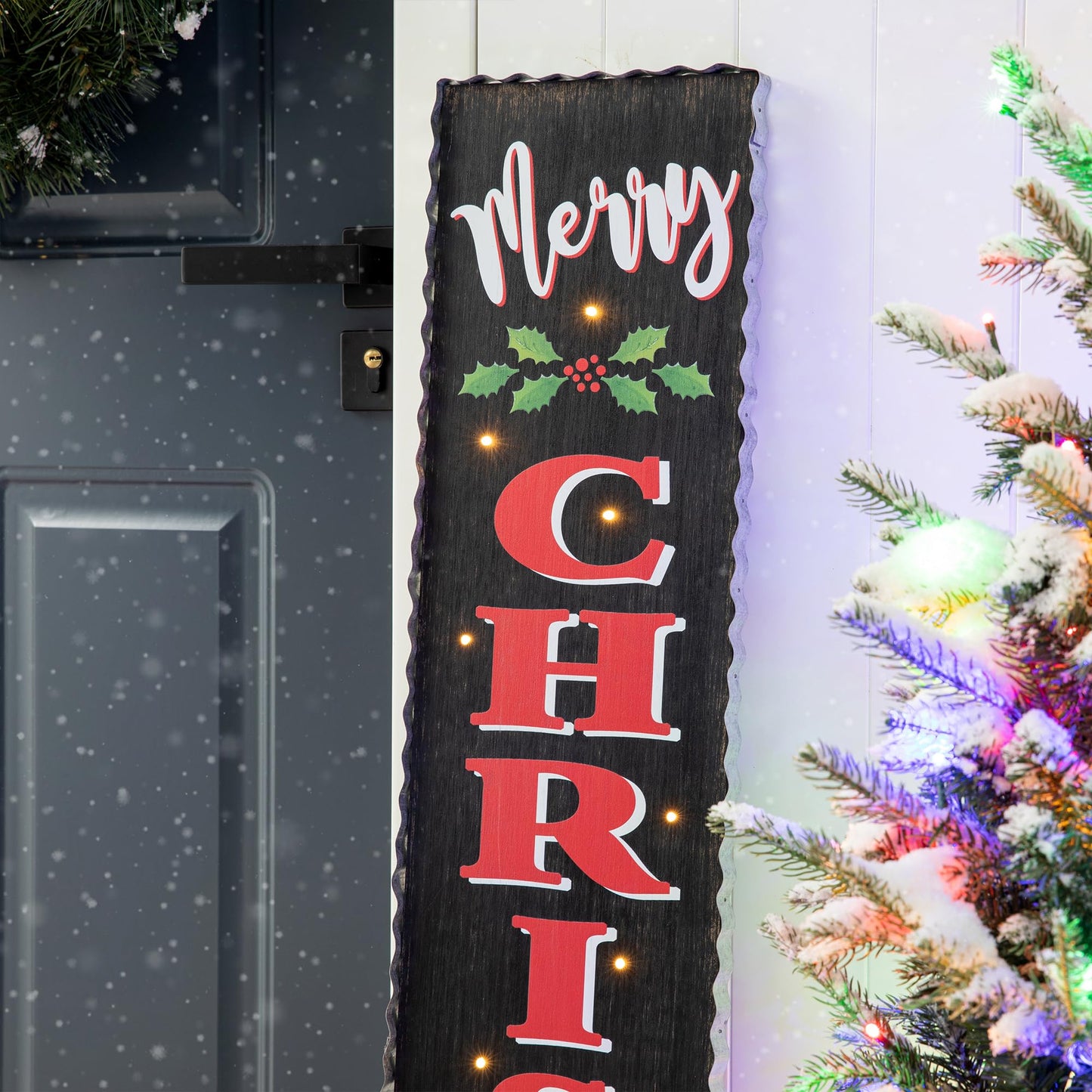 Glitzhome 42" H Lighted Wooden Black Christmas Porch Sign, Rustic Merry Christmas Vertical Porch Décor, Standing Hanging Holiday Party Signs Wall Door Decorations for Xmas