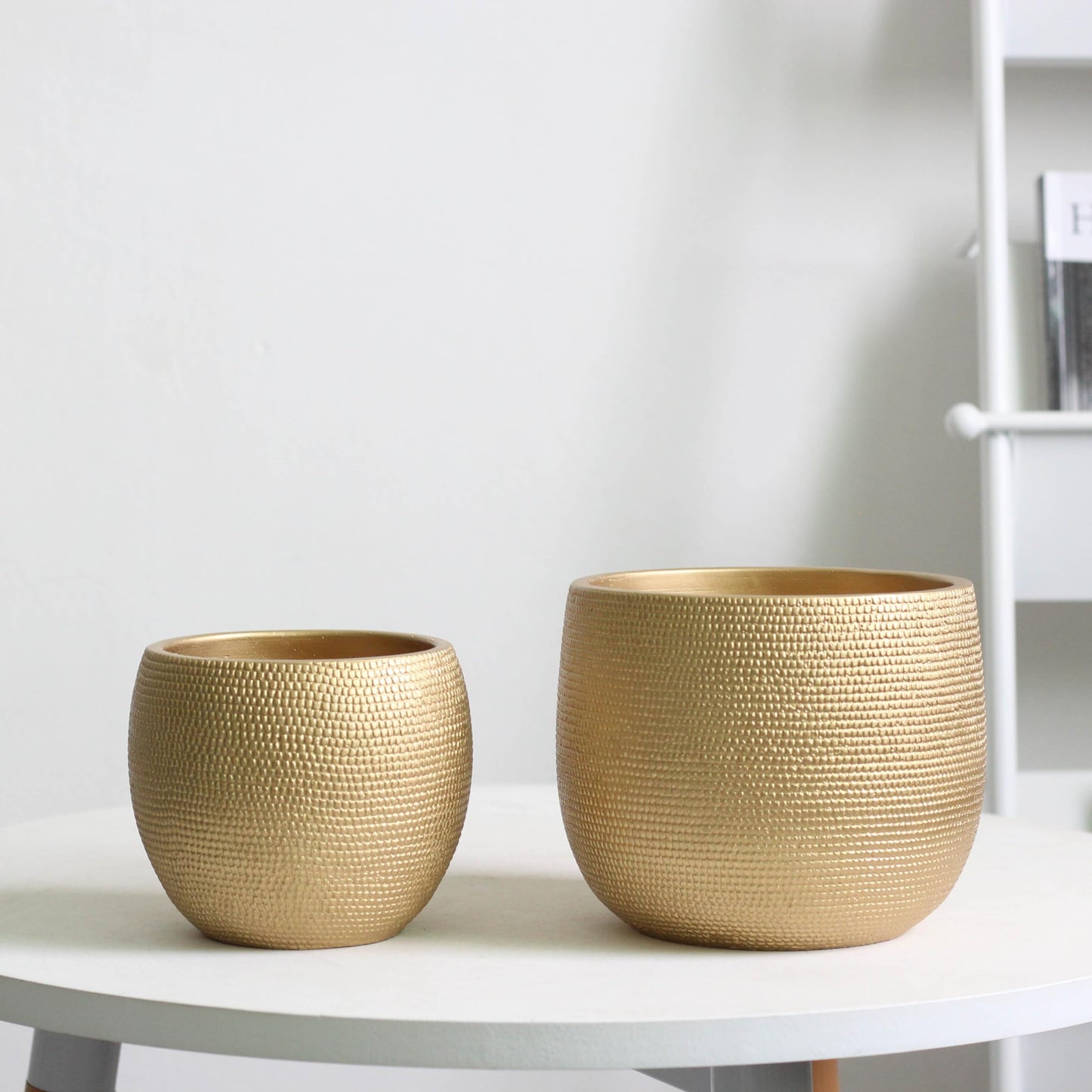 Olly & Rose Barcelona Ceramic Plant Pot Set 2 - Gold Flower Pots - Indoor & Outdoor Planters Home and Garden Decor (Gold, 14cm + 17.5 cm)