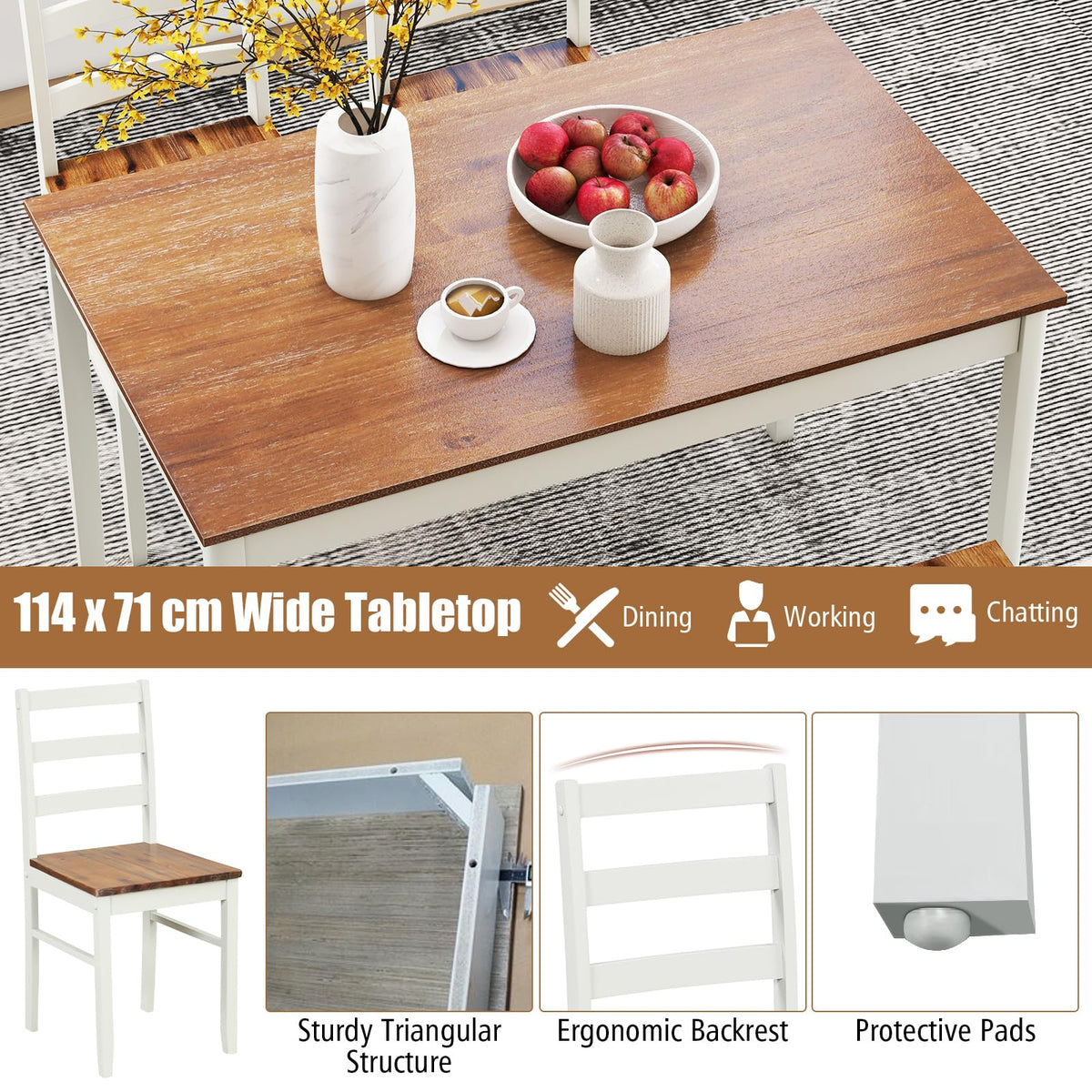 Tangkula Dining Table Set for 4, Solid Wood, Farmhouse Dinette Set w/Rubber Wood Legs, Mid-Century Modern, Compact Dining Table and Chairs Set for Kitchen, Dining Room (Brown+White)