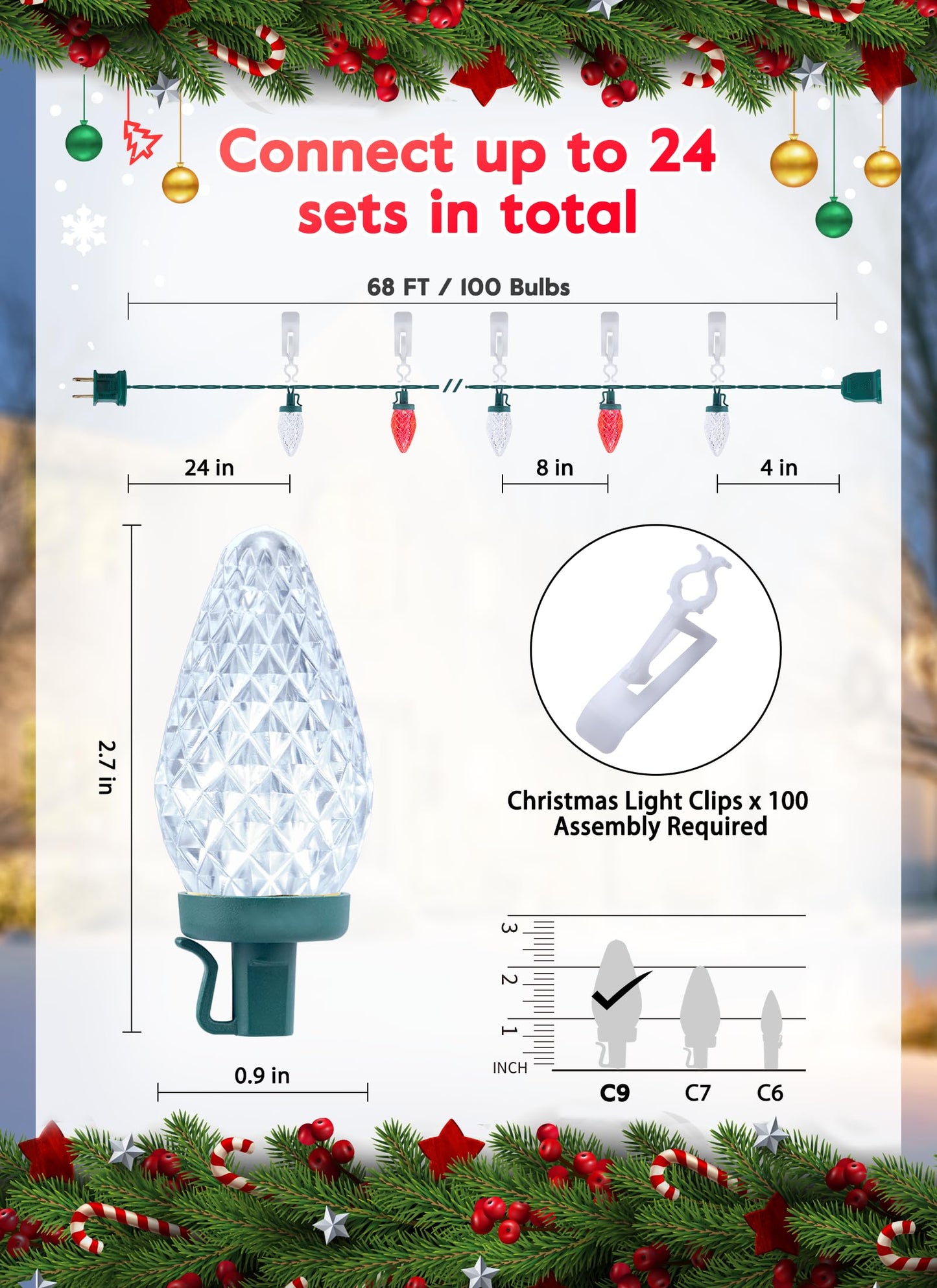 C9 Led Christmas String Lights, 68 Ft 100 LED Strawberry Roof Lights with 100 All in One Clips, Commercial Grade Waterproof Extendable for Indoor Outdoor Roofline Home Xmas Decor, Red & Pure White