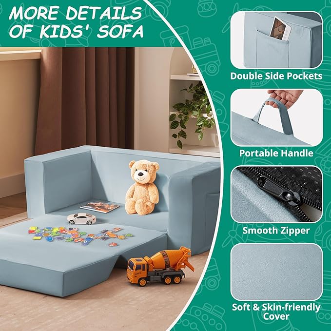 Kids Couch, 2-in-1 Toddler Chair Comfy 1-3 Years, Convertible Kids Chair