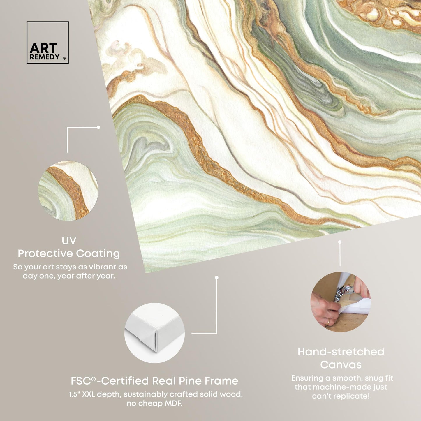 Art Remedy Green And Gold Gallery Wrapped Mineral, Agate & Geode 1 Piece Canvas Wall Art, 15" x 10", Gallery Wrapped