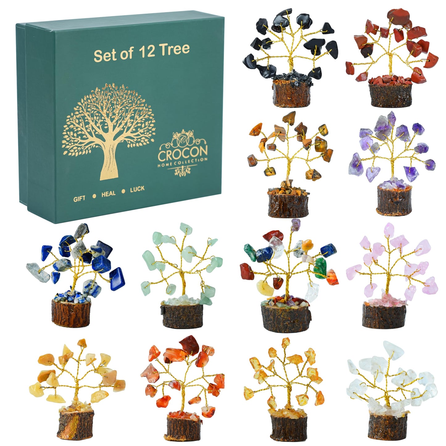 Crocon® Set of 12 Crystals Mini Stone Tree of Life Birthday Gifts for Women, Home & Office Decor, Money Tree Healing Crystals Gift Set Mom & Father Gift Ideas Housewarming Gifts New Home Sister & Dad