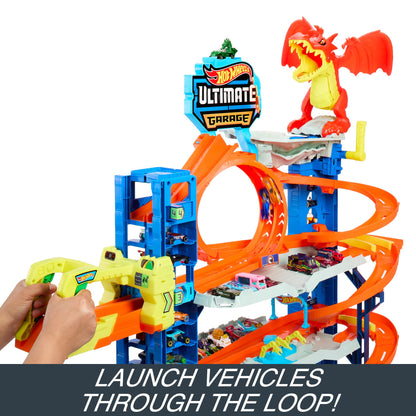 Hot Wheels Let's Race Netflix - City Ultimate Garage Playset with 2 Die-Cast Cars, Toy Storage for 50+ 1:64 Scale Cars, 4 Levels of Track Play, Defeat the Dragon, HKX48