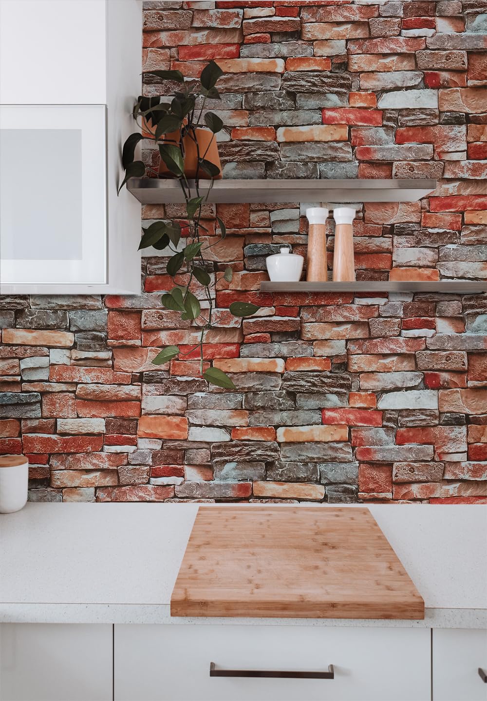 Faux Brick Textured Contact Paper, 17.7" x 394" Christmas Fireplace Stone Accent Wall Stick on Wallpaper Self Adhesive for Halloween Interior Walls Decor Bedroom Kitchen Cabinets Red Grey