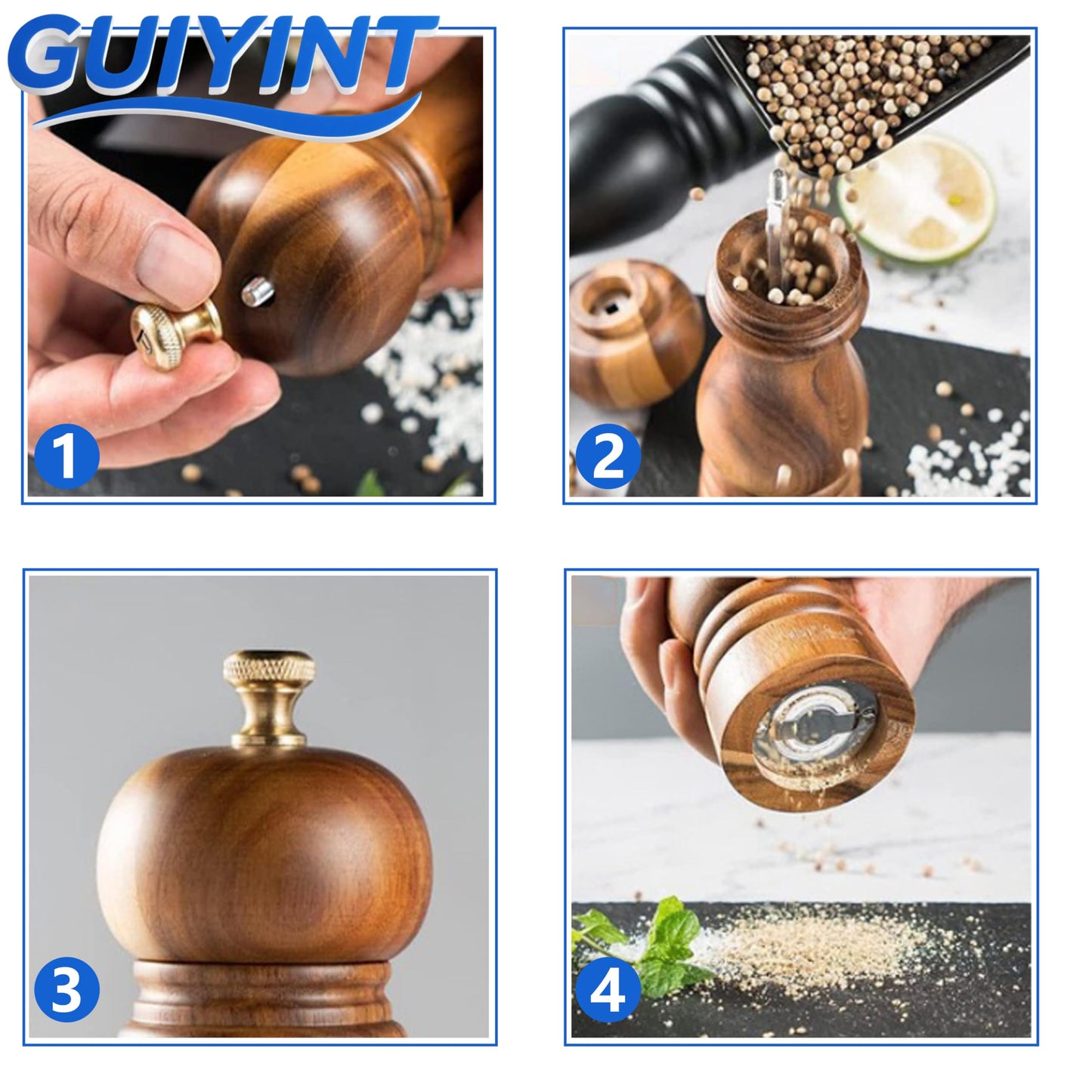 Guiyint Manual Salt and Pepper Mill Set, Beechwood Zirlion Style Grinders with Adjustable Coarse to Fine Grind, Zirlion Salt and Pepper Mills-Universal Classic Model