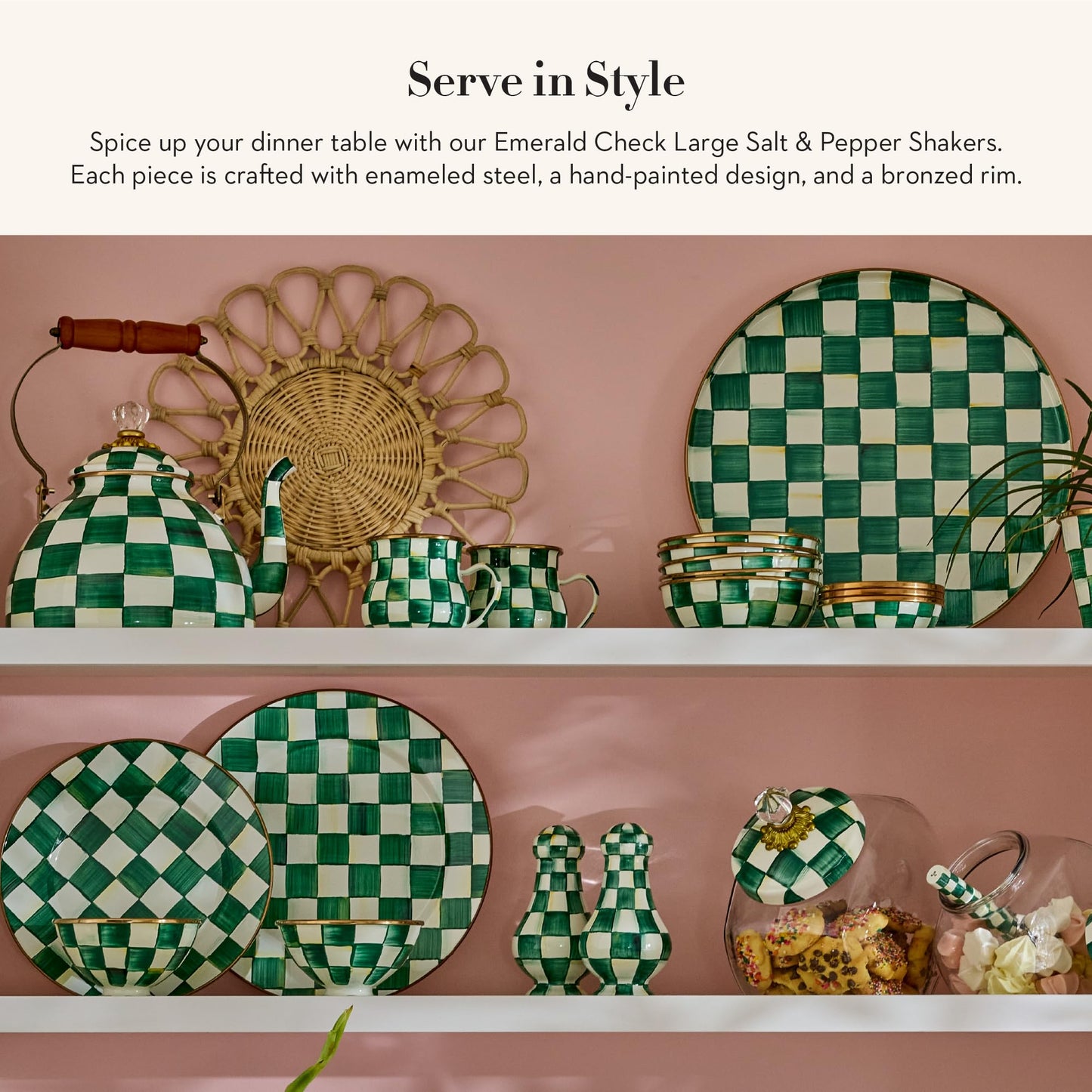 MACKENZIE-CHILDS Enamel Salt and Pepper Shakers, Kitchen Table Spice Shaker Set, Green-and-White Emerald Check, Large