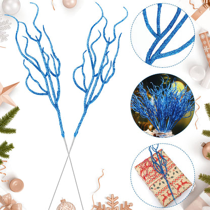 Jutom 30 Pcs Glitter Christmas Tree Pick 13.7 x 2.7 Inch Curly Tall Tree Filler Branches Sprigs and Twigs Decorations for Christmas Vase Xmas Gift Wedding Decoration(Blue)