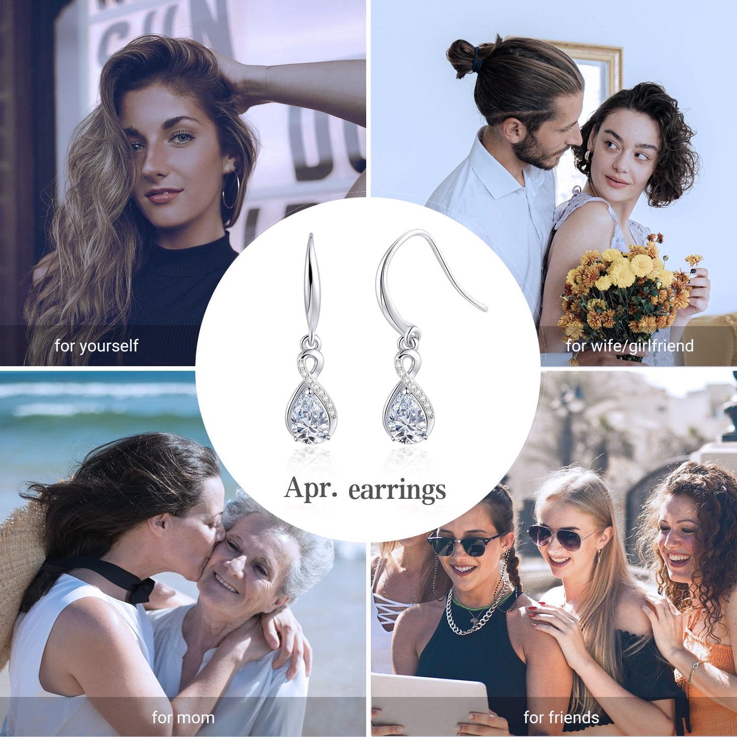 Infinity Birthstone Earrings 18K White Gold Plated 925 Sterling Silver Teardrop Infinity Drop Dangle Earrings April Birthstone Jewelry Birthday Gifts for Women Her Mother Wife