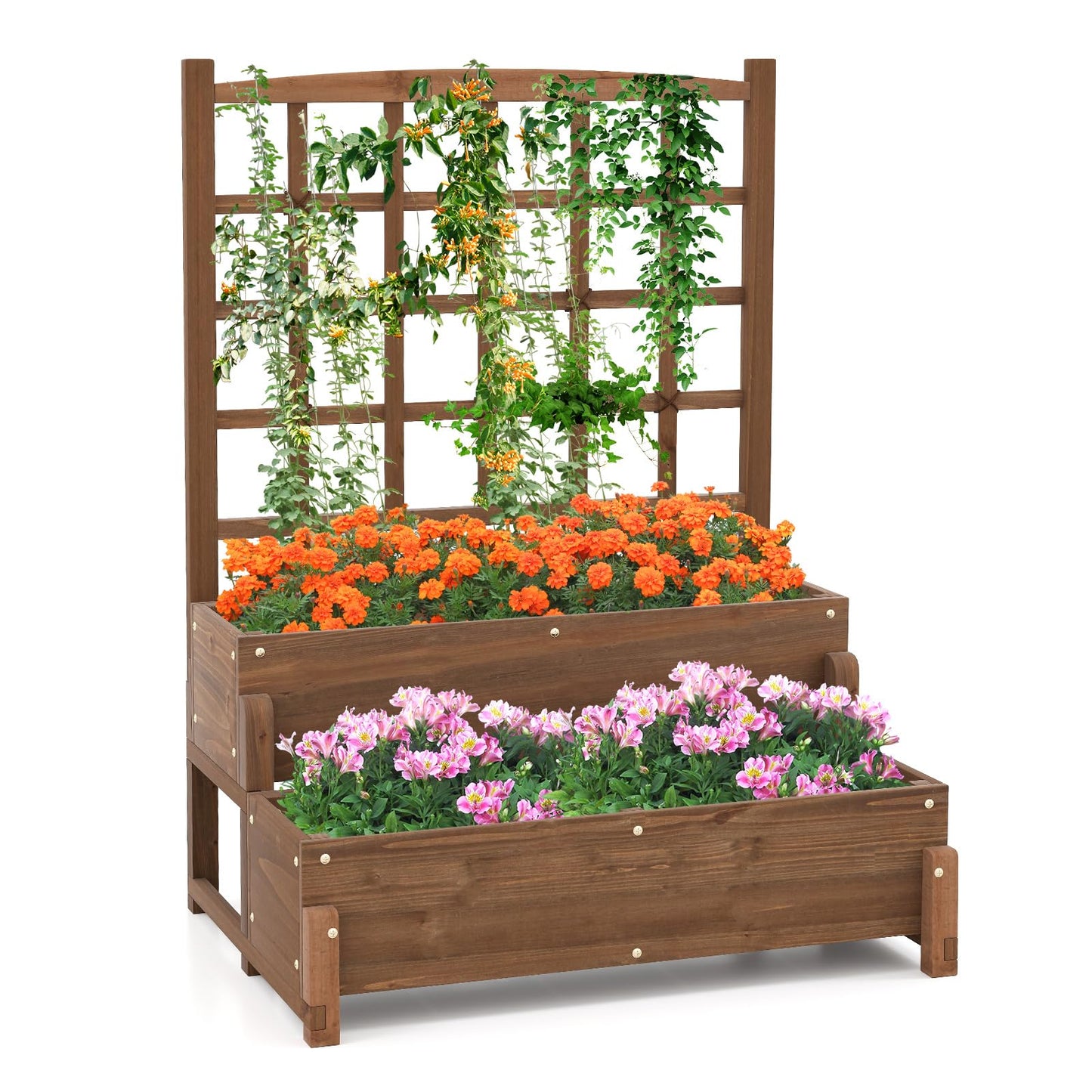 Toolsempire 2-Tier Raised Garden Bed with Trellis, Wooden Elevated Planter Box with Legs, Hemp Rope & Drainage Holes, Raised Plant Bed for Backyard, Garden, Lawn