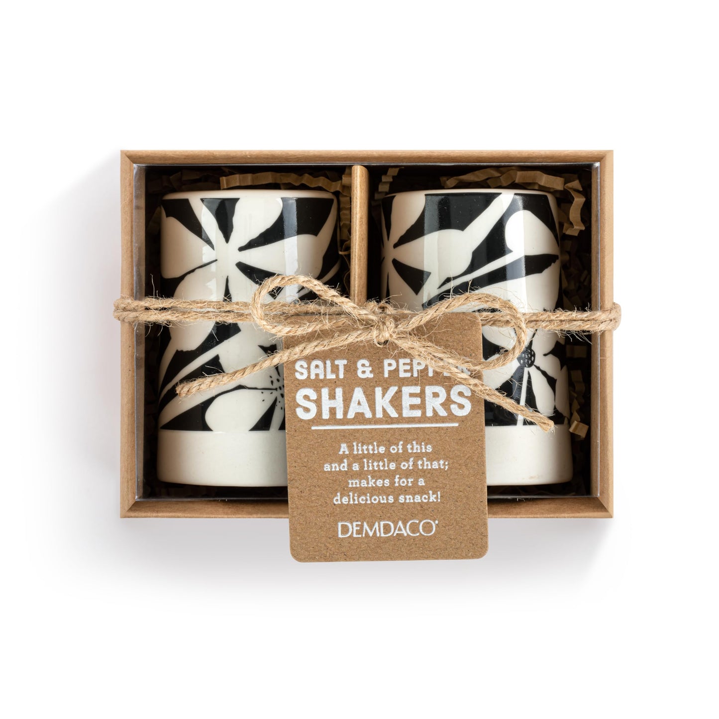 DEMDACO Black and White Bold Floral - by Lori Siebert - 3 Inch Stoneware Salt and Pepper Shaker Set