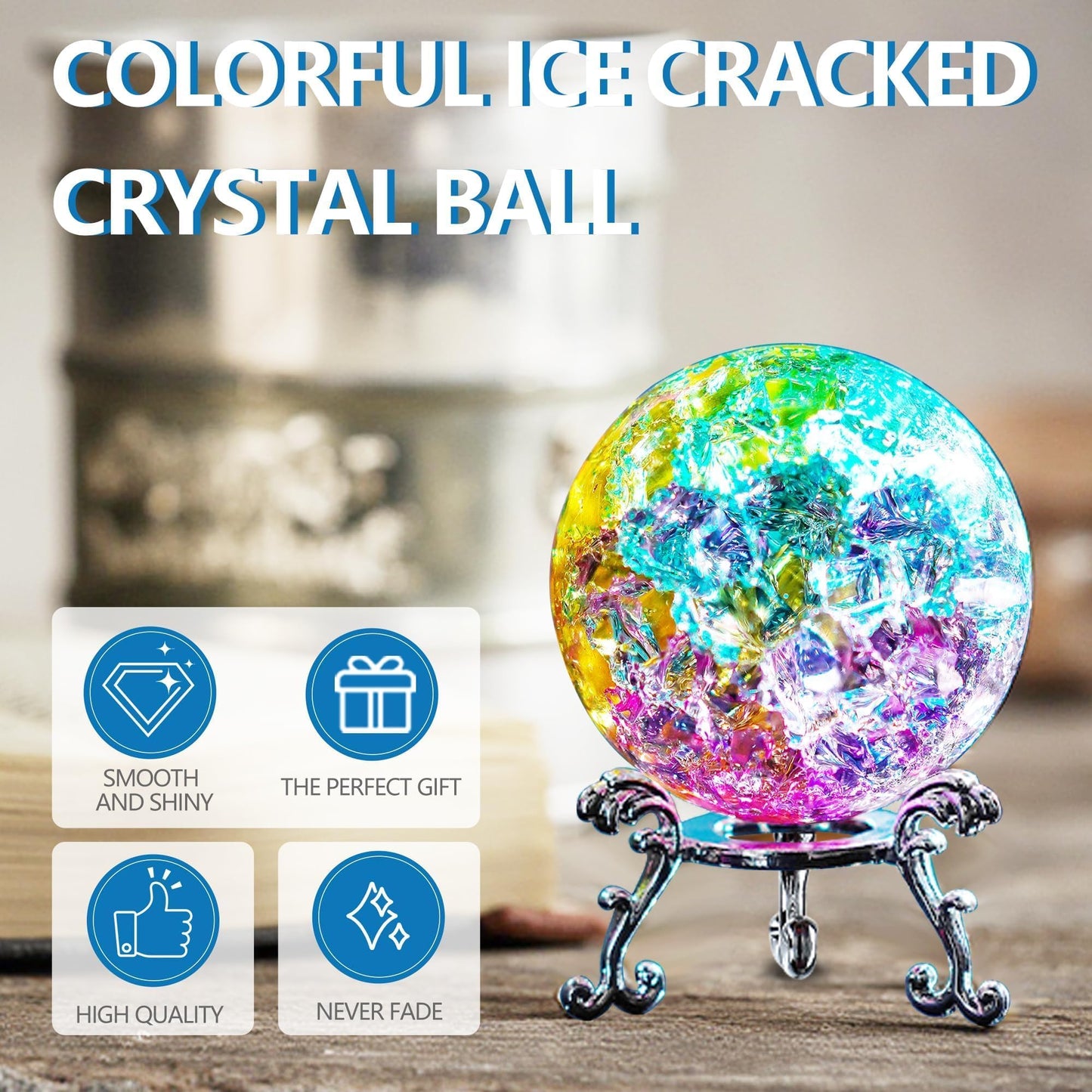 ZEERSHEE Colorful Ice Cracked Crystal Ball with Stand, 2.3" Glass Decor