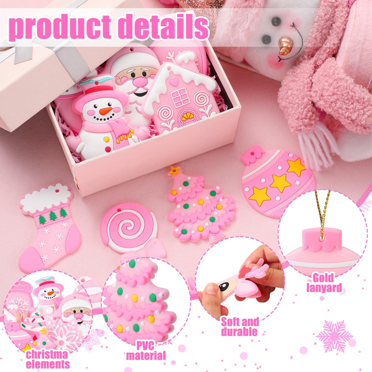 Lunmon 24 Pcs Pink Christmas Ornaments PVC Pastel Ornaments for Christmas Tree Santa Claus Gingerbread House Gnomes Xmas Baubles Winter Decorations for Xmas Tree Party Holiday Decor