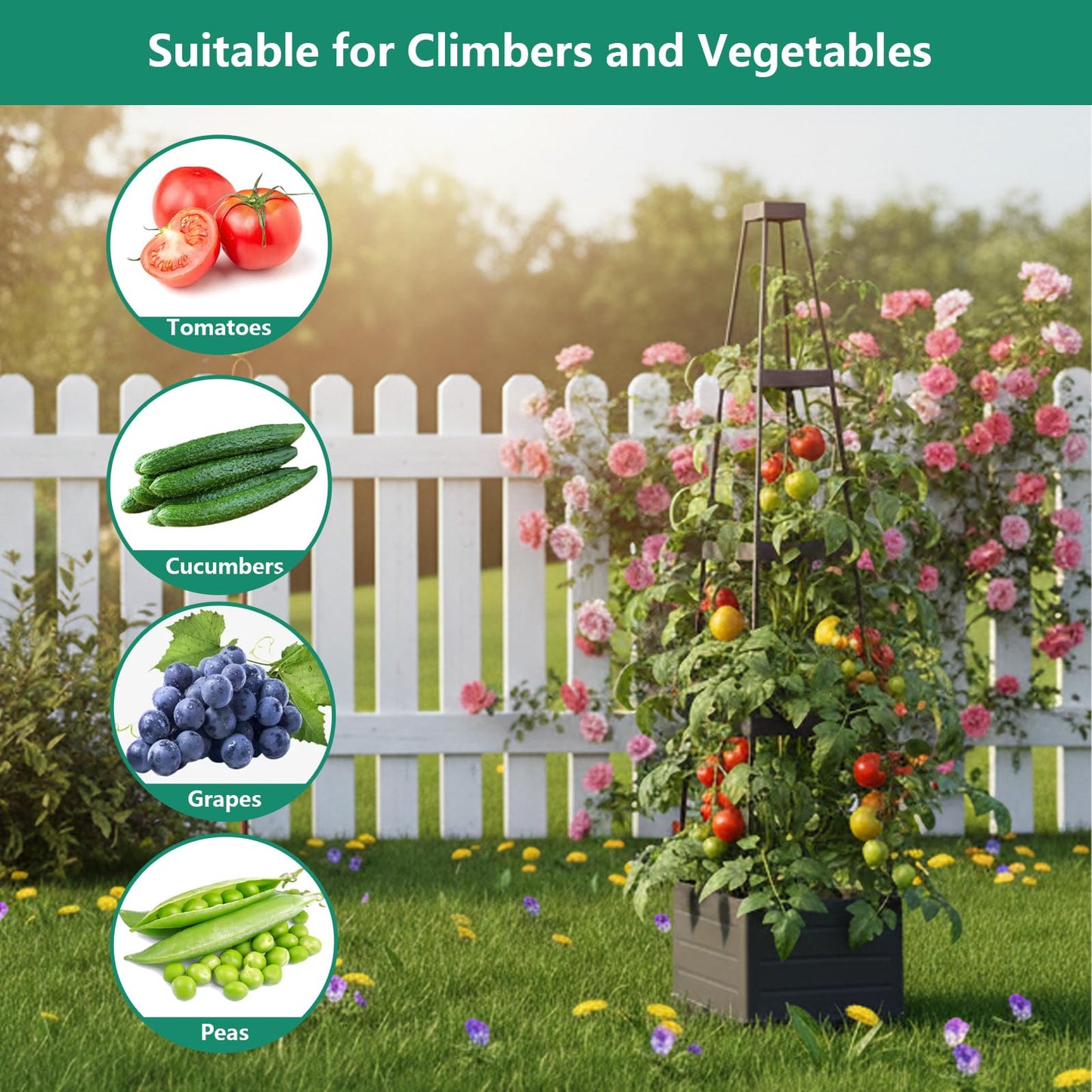 Lazzmonk 2 Pack Raised Garden Bed Planter Box with Trellis, 58”Tomato Planter with Trellis for Climbing Plants Vegetables Vine Flowers, Self-Watering Tomato Cage for Garden Patio Outdoor & Indoor