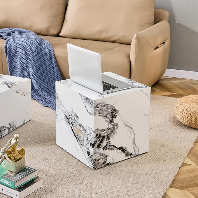 Side Table, End Table with White Marble Grain, Modern Beside Sofa Couch Tables