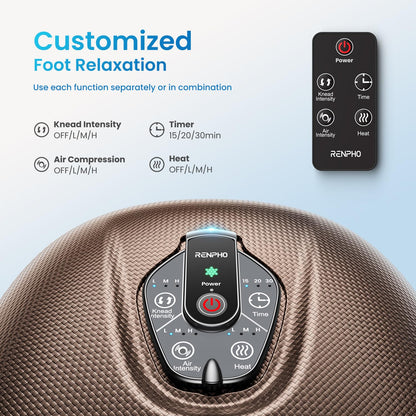 RENPHO Foot Massager Machine with Heat [2026 Upgraded], Shiatsu Foot Massager for Plantar Fasciitis, Foot Massager Machine for Women, Wireless Control, True Full Foot Massager, Up to Size 14, BK