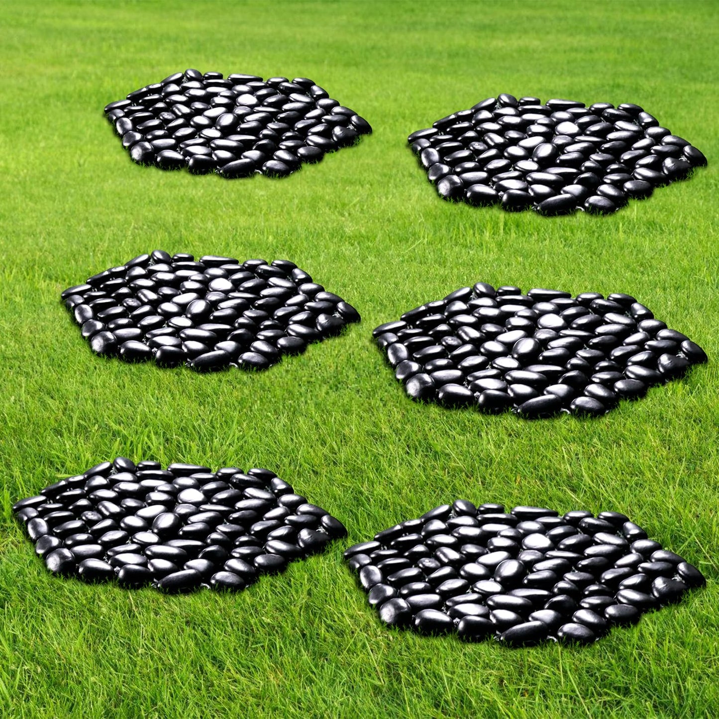 Ausluru 10in River Rock Stepping Stones Set - 6 Pack | Polished Pebble | Long-Lasting PVC Mesh Backing | Perfect for Garden Paths and Lawns Outdoor Landscaping Decoration | Black Rhombus