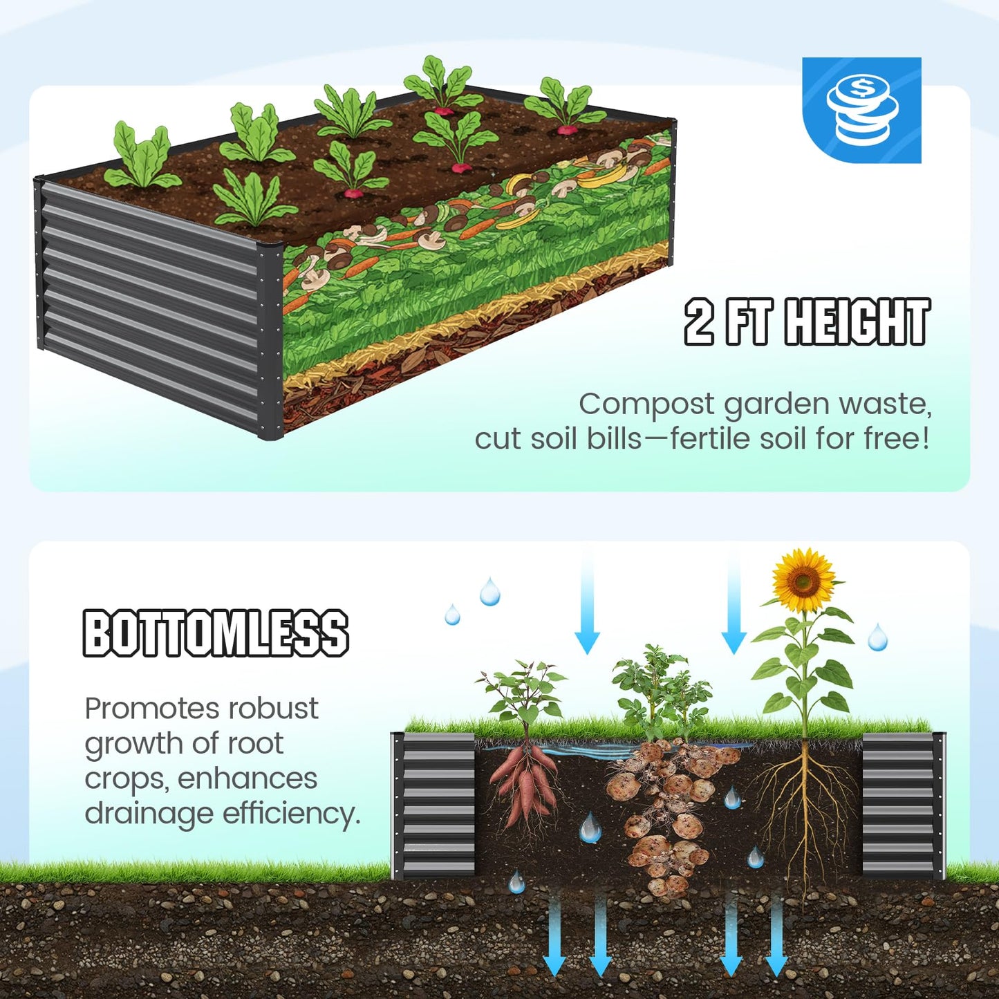 Quictent Galvanized Raised Garden Bed 8x4x2 Ft Tall Metal Planter Box for Vegetables Bottomless for Backyard, 2 Tomato Cages Included, 22.04" Deep, Dark Grey