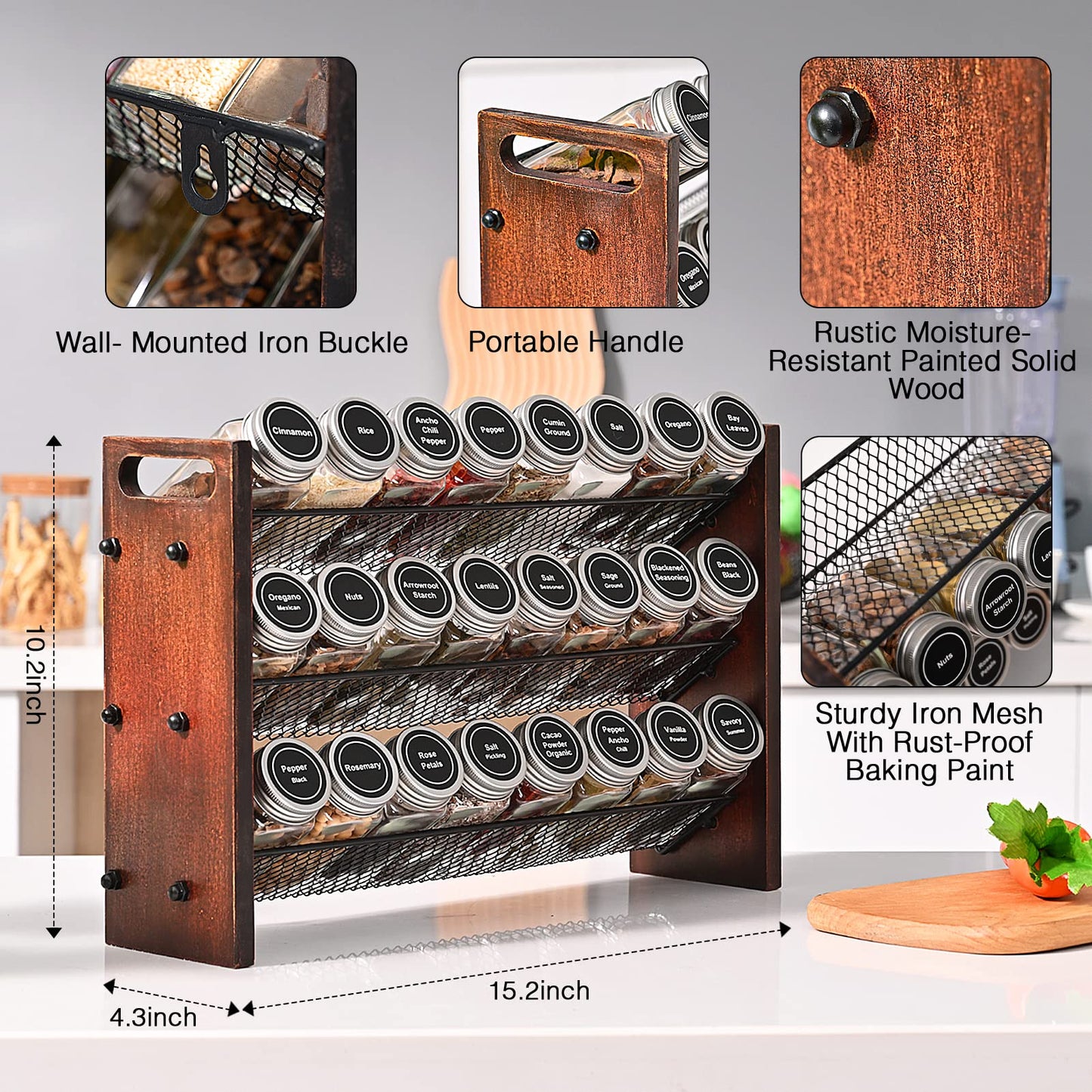 Roykoota Spice Rack, Spice Rack Organizer without Seasoning Jars, Wooden Rustic 3 Tier Kitchen Spice Organizer Shelf for Cabinet, Countertop or Wall Mount