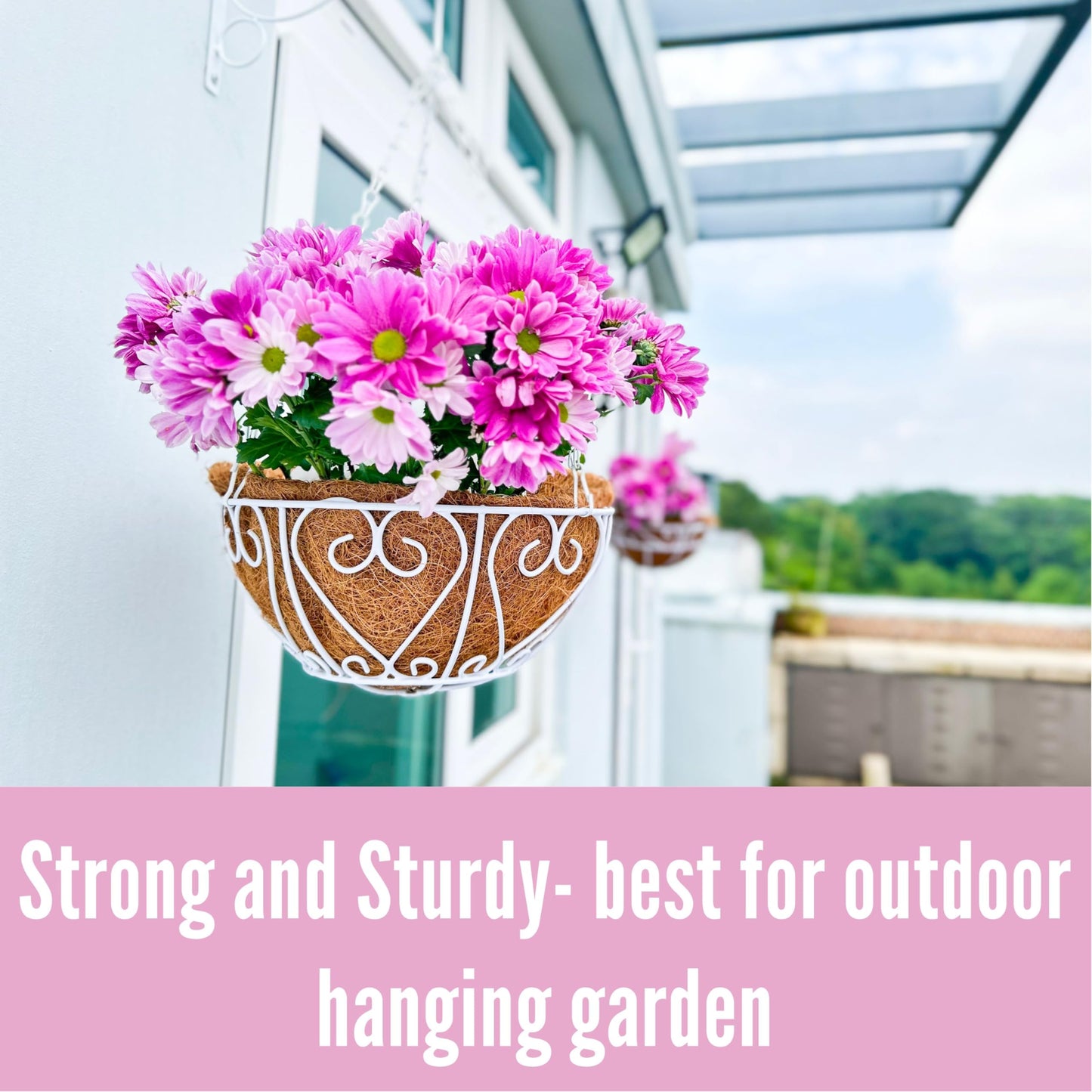 LaLaGreen Hanging Planter for Outdoor (20 Inch, 4 Pack) Large White Metal Wire Hanging Plant Planter with Coco Liner Round Porch Modern Garden Balcony Deck Country Decor Flower Pot Holder Hanger