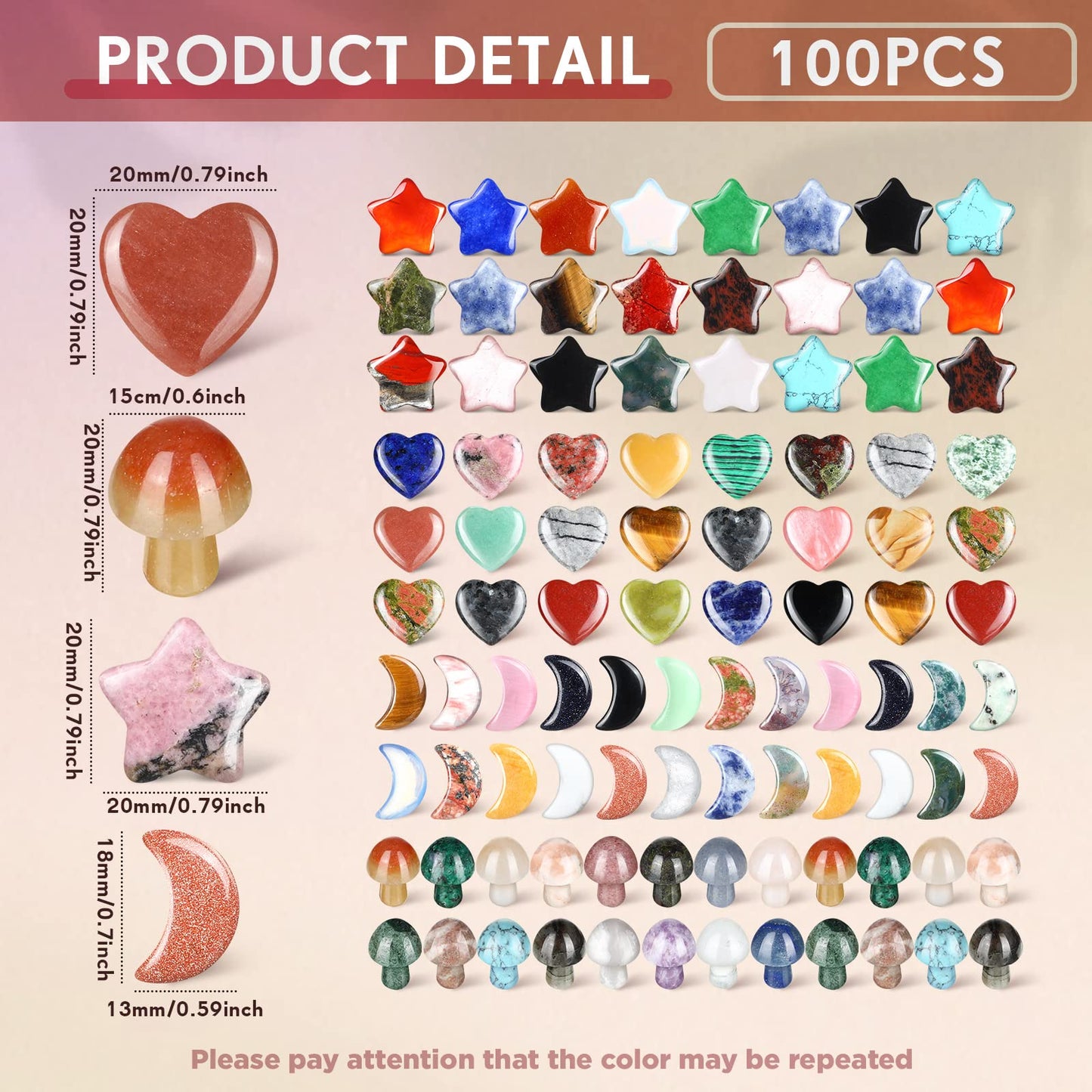 Nuenen 100 Pieces Crystal Bulk Mushroom Sculpture Valentine Heart Shaped Moon Star Crystals Stones Worry Stones Assorted Hand Making Palm Thumb Gemstones for Meditation Reiki Balancing