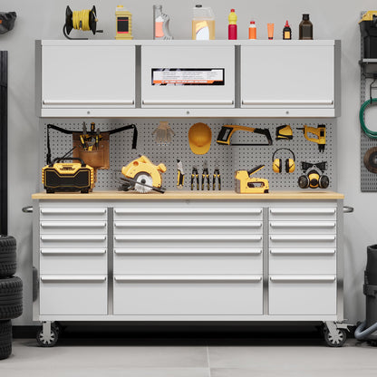 Garvee 72 Inch Rolling Tool Chest Workbench with Solid Wood Top, 15 Drawer Lockable Tool Storage Cabinet on Wheels, Heavy Duty Mobile Tool Box Cart for Garage, Workshop and Repair Shop