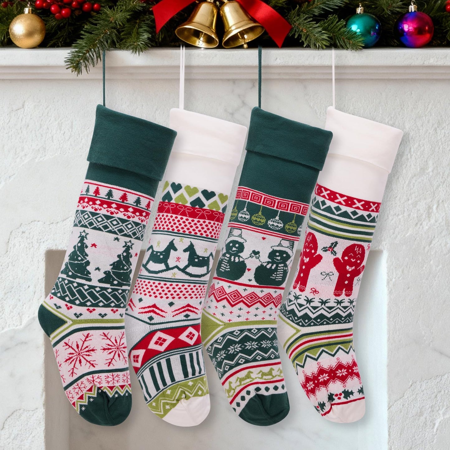 Ficrfart 6 Pack Christmas Stockings, 22'' Large Embroidered Knit Christmas Stocking, Holiday and Family Knitted Xmas Stocking for Fireplace or Party Decoration A3