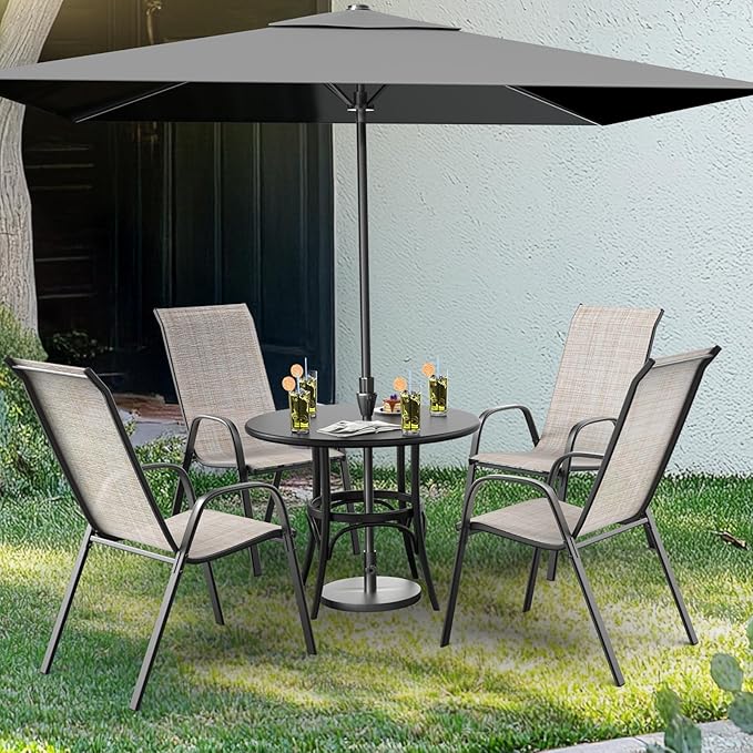 VINGLI Patio Chairs Set of 8 – Stackable Outdoor Dining Chairs with Comfortable Sling High Back Chairs and Armrests for Lawn, Poolside, Courtyard, Balcony, Garden, Yellow