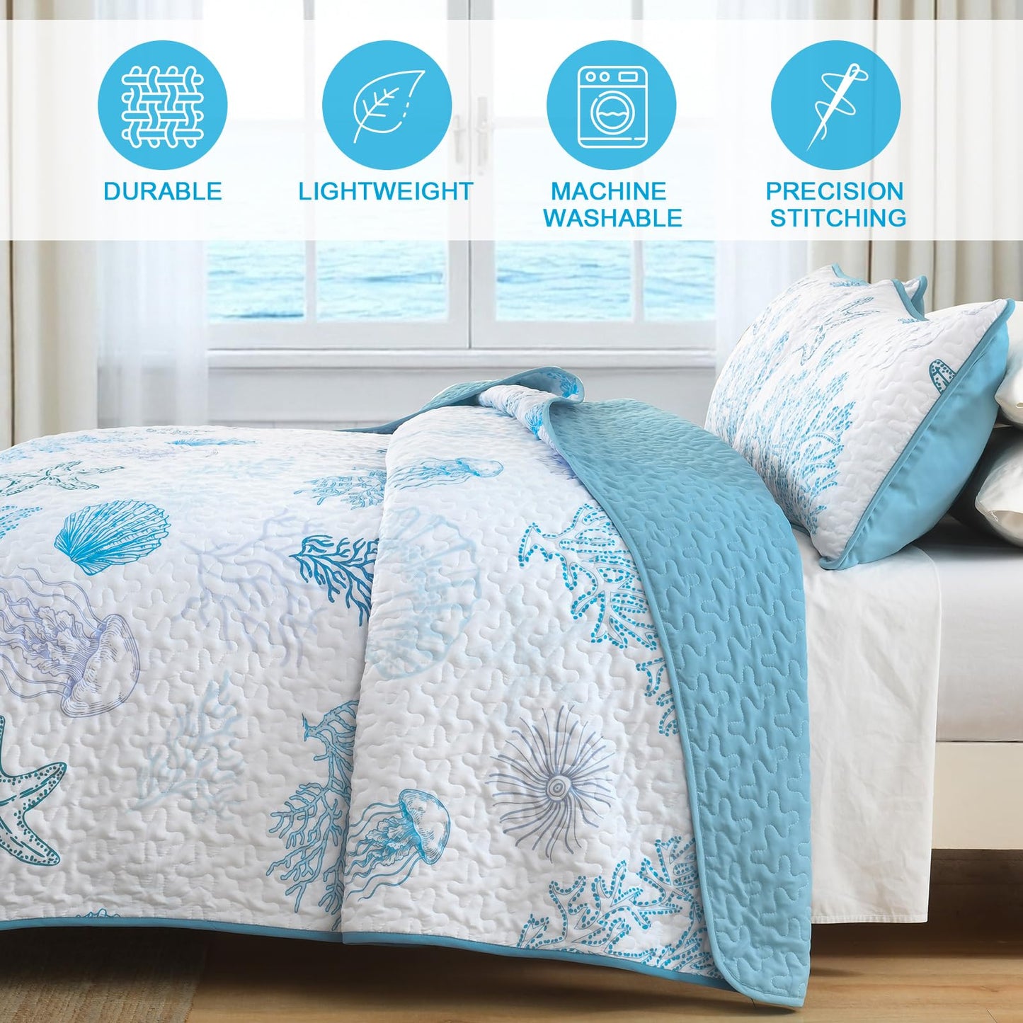 DJY Ocean Coastal Quilt Sets Queen Size,Reversible Microfiber Quilts with 2 Shams Soft Lightweight Beach Bedding Green Nautical Bedspread Coverlet Summer Comforter Set for All Season,96"x90"