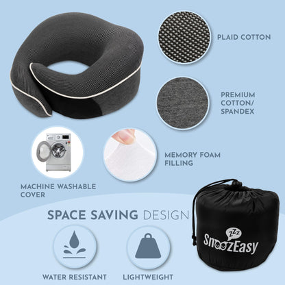 SnoozEasy™ Travel Pillow for Adults | Memory Foam 360 Degree Neck Support with Removable Pillow Case | Includes Travel Bag, Eye Mask and Ear Plugs | Dark Grey | UK Brand