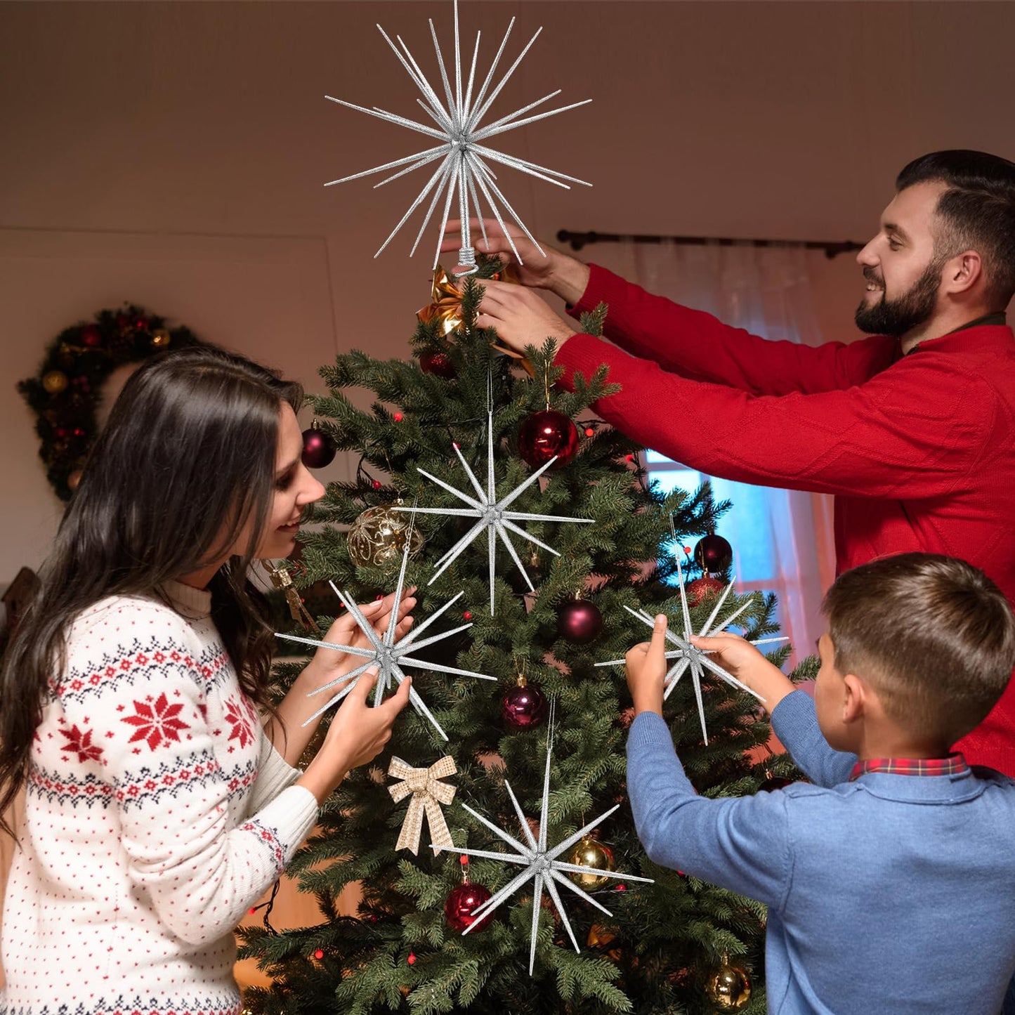 Leinuosen 5 Pcs Glitter Starburst Christmas Ornaments Include 4 Pcs 8'' Exploding Star Hanging Tree Ornament with a Large 13.7'' Starburst Christmas Tree Topper Xmas Holiday Tabletop Decor(Silver)