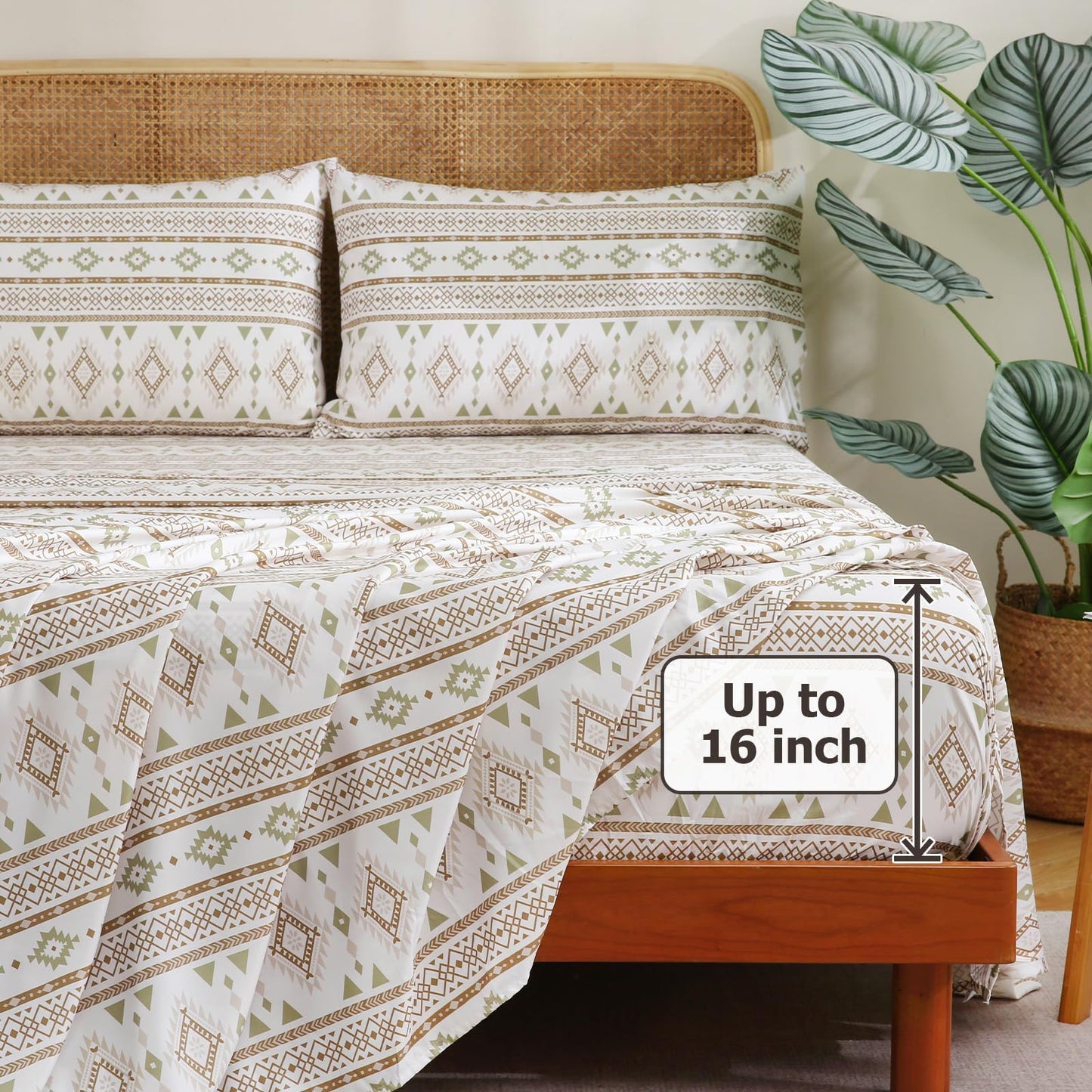 CozySmile 4 Pieces King Sheet Set Bohemian, Boho Sheets Soft Microfiber Deep Pocket, Western Sheets Geometric(King, Cream Olive Geometric)