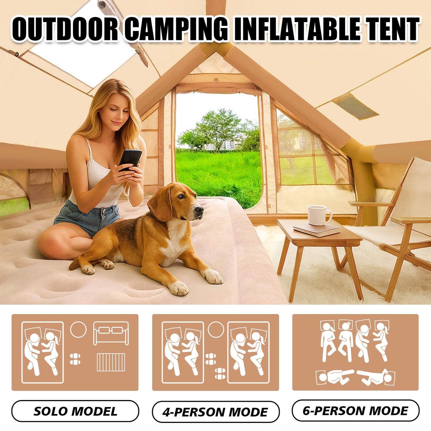 Inflatable Tent for Camping 4-6 People, Blow up Tents with rain-Proof Canopy, 4 Season Moisture-Proof pad, Glamping Inflatable Hot Tent with Stove Jack & Fire-Proof Mat Outdoor