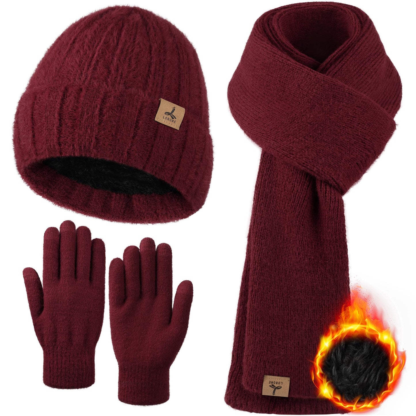 Winter Beanie Hat Scarf Gloves, Warm Fleece Knit Hat Long Scarf Neck Warmer Touch Screen Winter Gloves Set Gifts for Women Wine Red