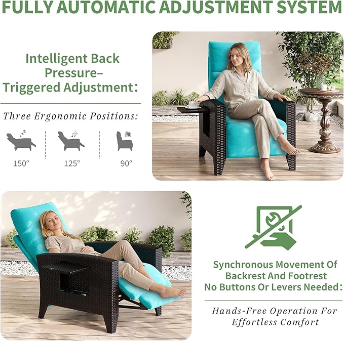 IDEALHOUSE Wicker Outdoor Recliner Reclining Patio Chairs with Adjustable Back & Footrest 150° Lay-Flat Reclining with Air Pump Rattan Flip-Up Side Table Outdoor Lounge Chairs for Pool Deck Balcony