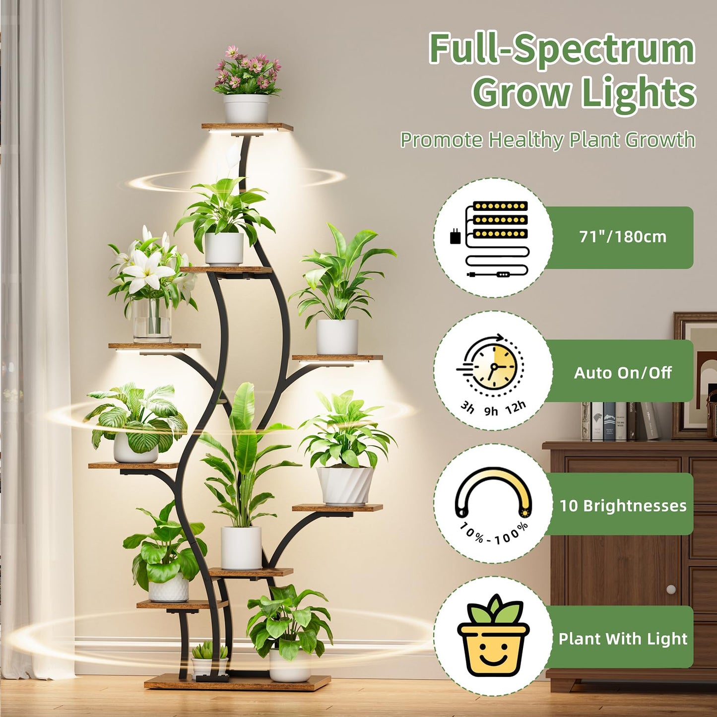 Plant Stand Indoor with Grow Lights - Lighted Plant Shelf Indoor, 64.5" Tall Corner Plant Stands for Indoor Plants, 9 Tiered Tree-Shaped Flower Shelf Metal Holder for Living Room, Bedroom, Black