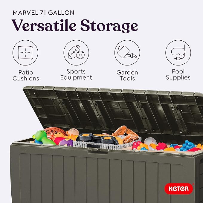 Keter Marvel Plus 71 Gallon Resin Outdoor Storage Box for Patio, Balcony & Garden – Weather‑Resistant Deck Box for Cushions, Pillows, Pool Floats & Tools, Mossy Brown