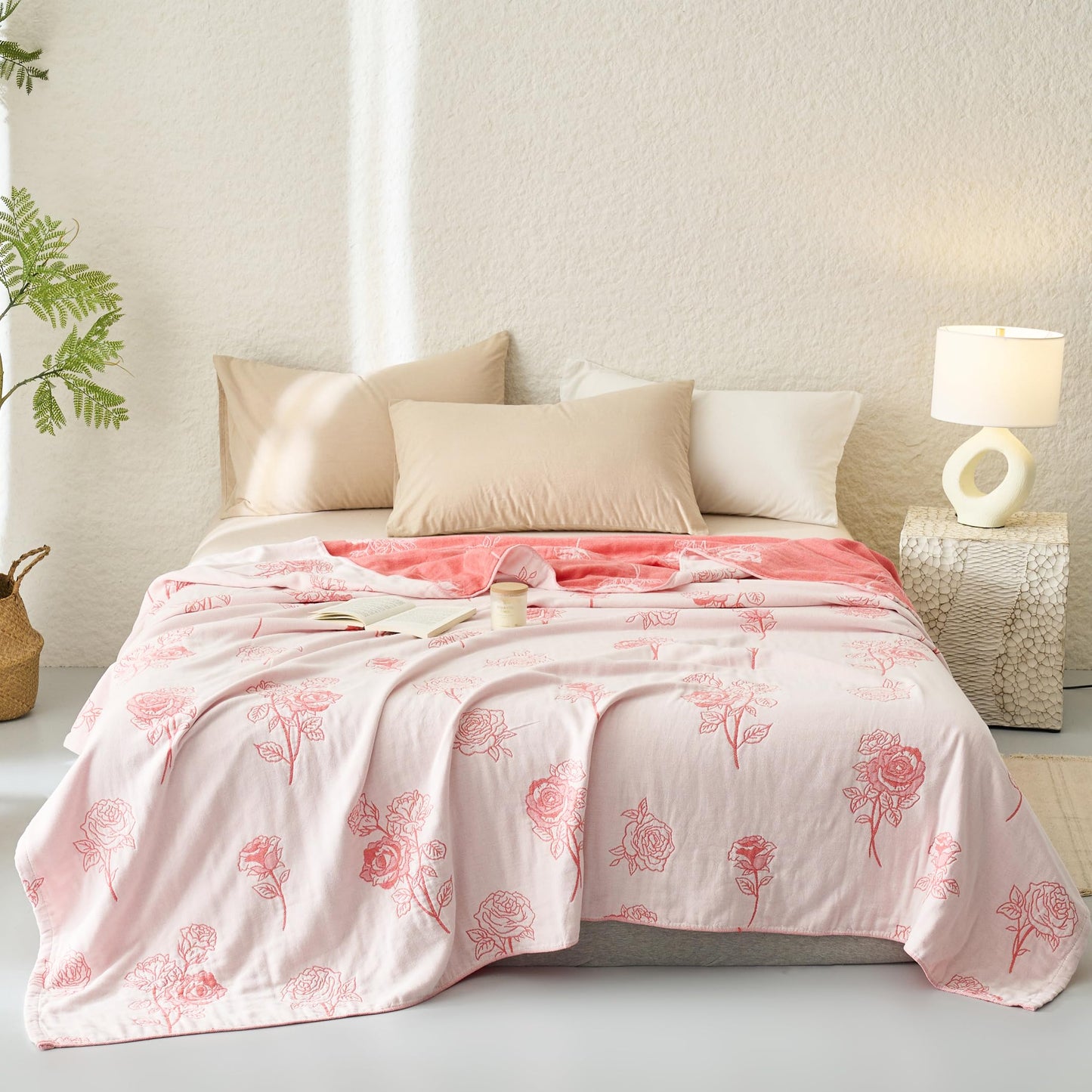 Scientific Sleep Rose Pink White Flower 100% Cotton Muslin Blanket Throw Cover for Bed Couch Sofa Cozy Soft Reversible Bedding Blanket Bedspread Coverlet Twin 60 in x 80 in