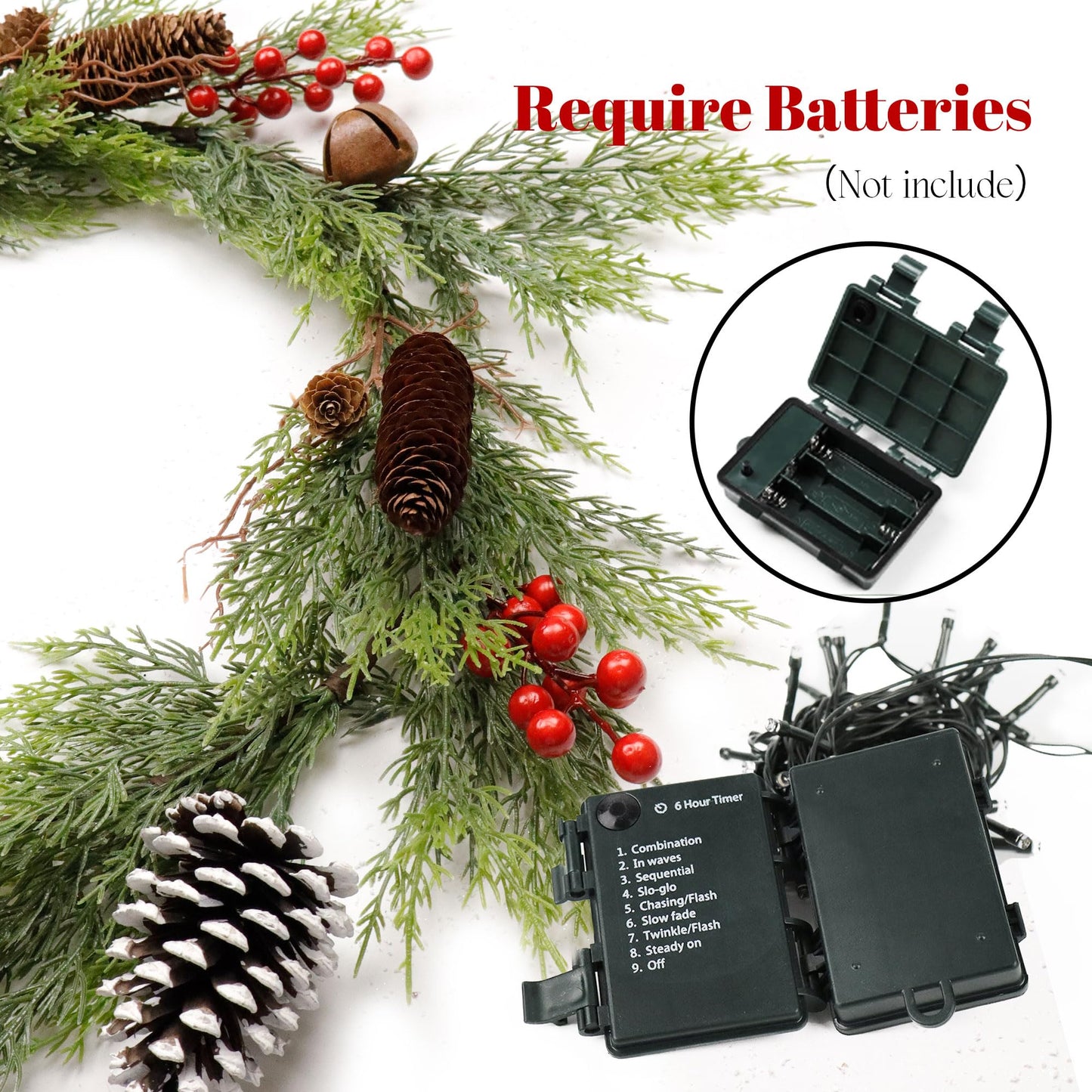 6FT Christmas Cedar Garland with Lights,Artificial Realistic Battery Operated Green Garland Christmas Decorations for Home Mantel Stairs Railing Dining Table Winter Decor