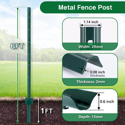 Gtongoko 10 Pack 6FT Heavy Duty Metal Fence Posts, Green U Channel No Dig Fence Stakes with Anchor Plate, 14 Gauge Steel Posts for Wire Fencing, Garden Protection, Animal Barrier, Yard & Farm Boundary