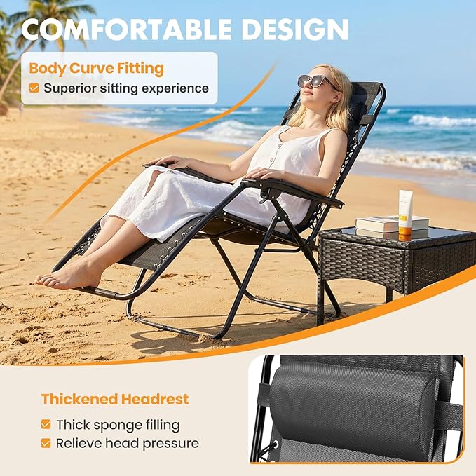 NEWBULIG Zero Gravity Chair Set of 2, Lounge Chair Folding Portable Adjustable Camping Reclining Chairs with Adjustable Pollow, Mesh Back, Cup Holder Trays Lawn Patio Chair for Pool Beach - Black