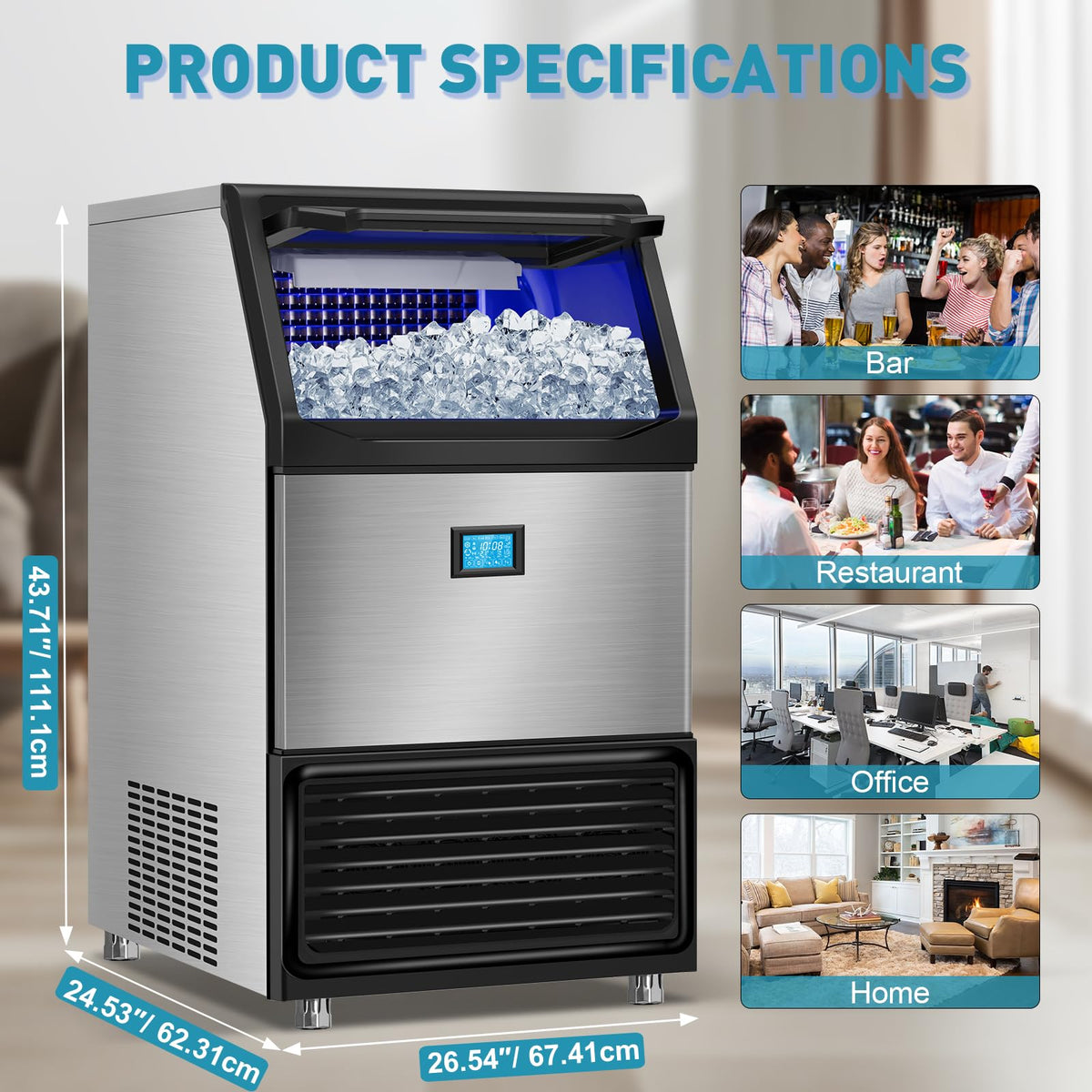 Commercial Ice Maker Machine 550LBS/24H with 185LBS Large Ice Storage Bin, 162Pcs Clear Ice Cubes in 11Mins, Stainless Steel Under Counter Industrial Ice Machine for Bar, Restaurant Business