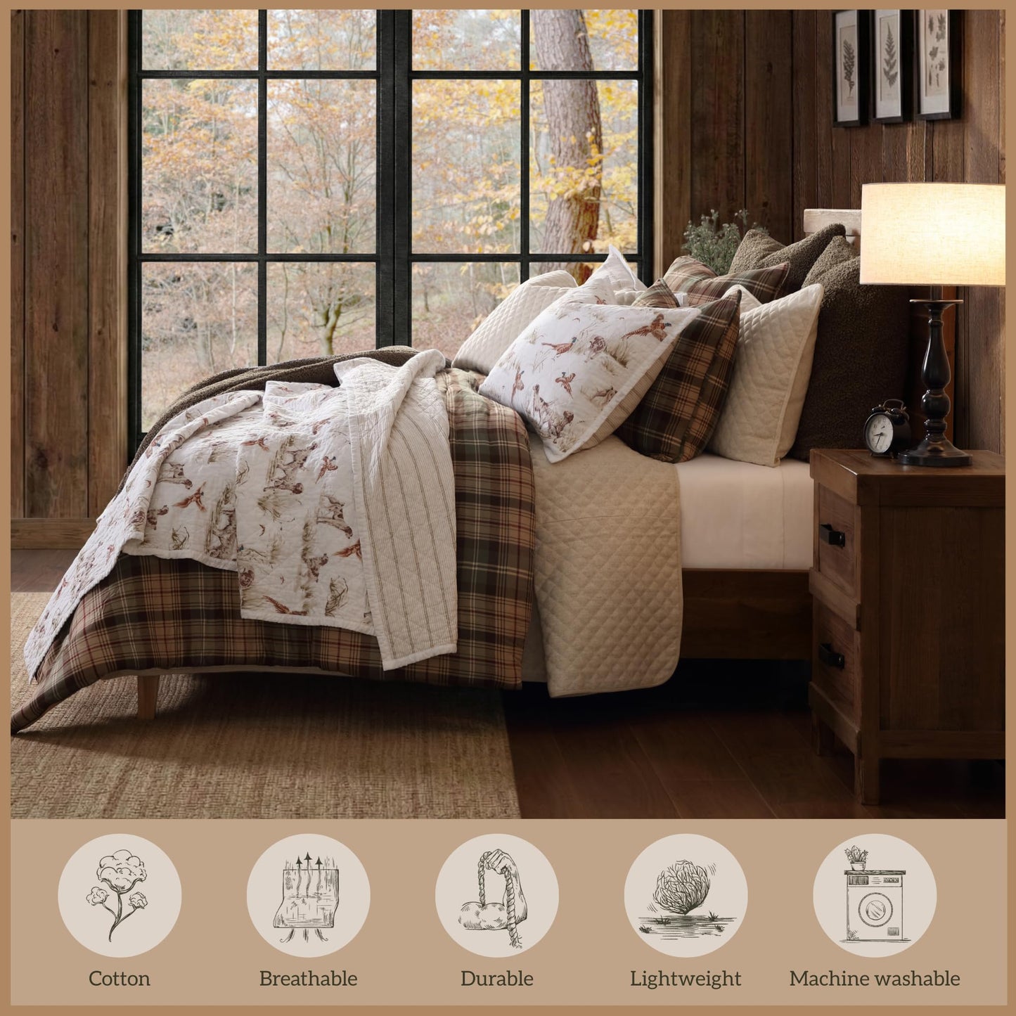 Paseo Road Hunt Life Cotton Quilt Set, 3 Piece Queen Bedding Set with Pillow Shams, White Brown Pheasant Hunting Dog Reversible Quilt Set, Soft Breathable Cozy Lightweight Quilt, Rustic Cabin Bedding