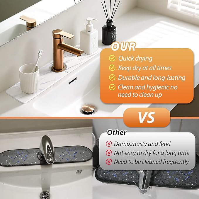 Kitchen Sink Faucet Mat, Diatomaceous Earth Quick Dry Sink Splashback Drying Mat